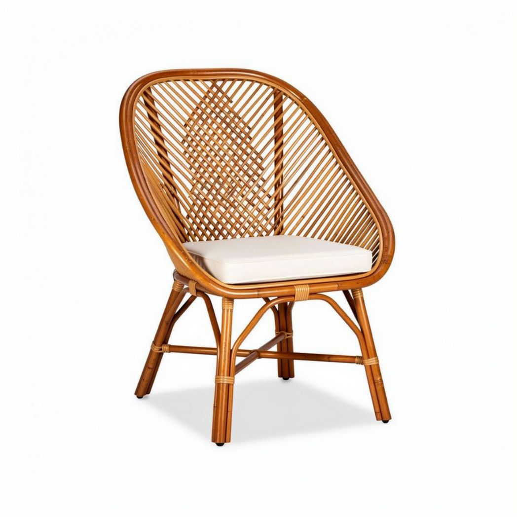 Fauteuil en rotin naturel de 75 x 70 x 90cm avec coussin blanc pour intérieur et extérieur