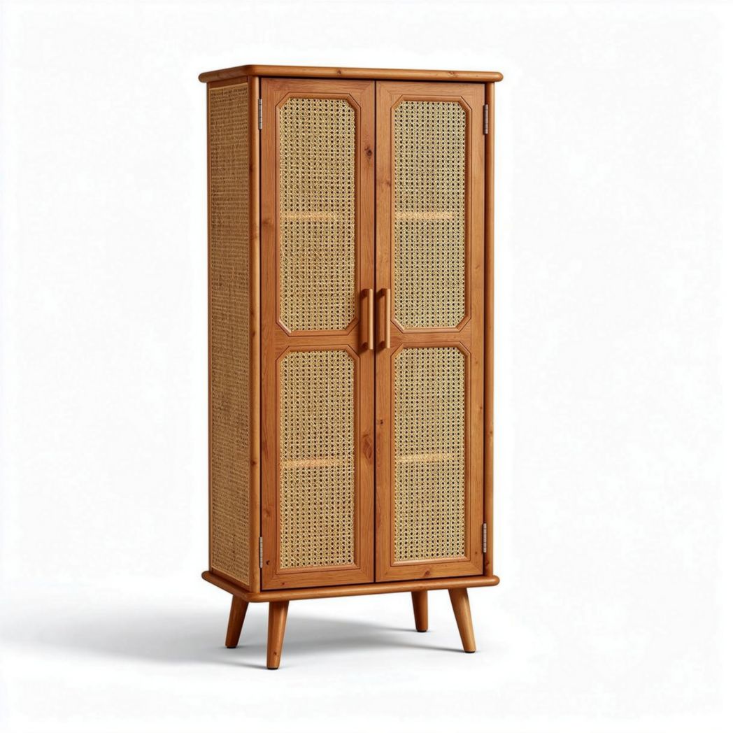 Armoire en bois naturel avec portes en cannage 80 x 40 x 160 cm