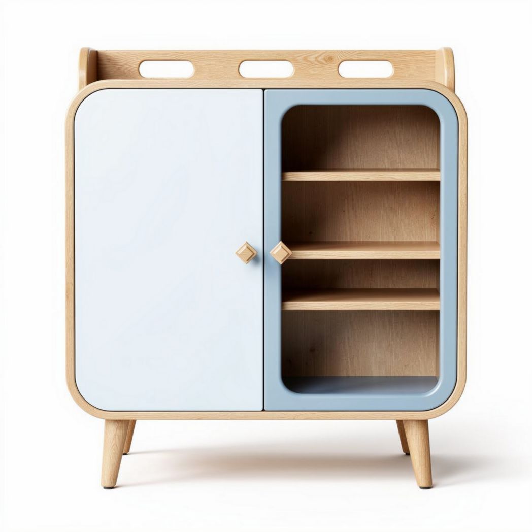 Meuble de rangement en bois clair et bleu 80 x 40 x 90cm avec étagères ouvertes
